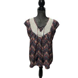 Rewind Chevron Pattern Top Crochet Yoke Womens Size XL Lightweight V-Neck Hippie